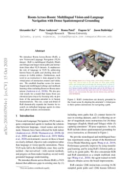 Room-Across-Room: Multilingual Vision-and-Language Navigation with Dense
  Spatiotemporal Grounding