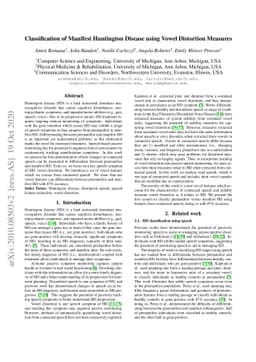 Classification of Manifest Huntington Disease using Vowel Distortion
  Measures