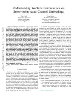 Understanding YouTube Communities via Subscription-based Channel
  Embeddings
