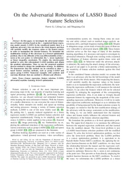 On the Adversarial Robustness of LASSO Based Feature Selection
