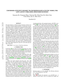 Emformer: Efficient Memory Transformer Based Acoustic Model For Low
  Latency Streaming Speech Recognition