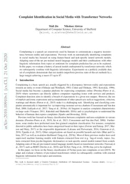 Complaint Identification in Social Media with Transformer Networks