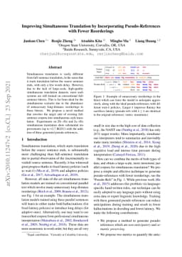 Improving Simultaneous Translation by Incorporating Pseudo-References
  with Fewer Reorderings
