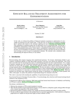 Efficient Balanced Treatment Assignments for Experimentation