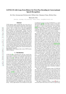 LSTM-LM with Long-Term History for First-Pass Decoding in Conversational
  Speech Recognition
