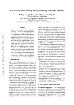 CryptoGRU: Low Latency Privacy-Preserving Text Analysis With GRU