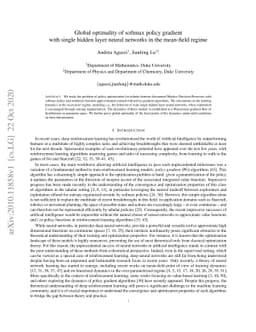 Global optimality of softmax policy gradient with single hidden layer
  neural networks in the mean-field regime