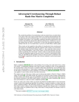 Adversarial Crowdsourcing Through Robust Rank-One Matrix Completion