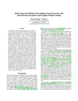 Skip-Connected Self-Recurrent Spiking Neural Networks with Joint
  Intrinsic Parameter and Synaptic Weight Training