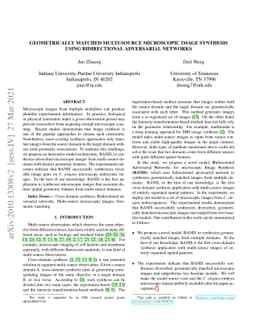 Geometrically Matched Multi-source Microscopic Image Synthesis Using
  Bidirectional Adversarial Networks