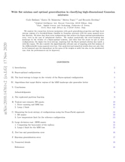 Wide flat minima and optimal generalization in classifying
  high-dimensional Gaussian mixtures