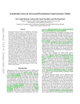 Transferable Universal Adversarial Perturbations Using Generative Models