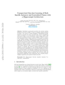 Unsupervised One-shot Learning of Both Specific Instances and
  Generalised Classes with a Hippocampal Architecture