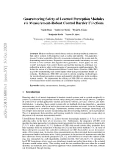 Guaranteeing Safety of Learned Perception Modules via Measurement-Robust
  Control Barrier Functions