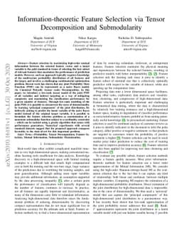 Information-theoretic Feature Selection via Tensor Decomposition and
  Submodularity