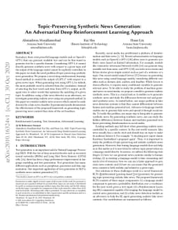 Topic-Preserving Synthetic News Generation: An Adversarial Deep
  Reinforcement Learning Approach