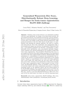 Generalized Wasserstein Dice Score, Distributionally Robust Deep
  Learning, and Ranger for brain tumor segmentation: BraTS 2020 challenge