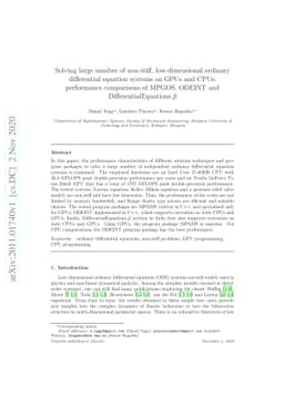 Solving large number of non-stiff, low-dimensional ordinary differential
  equation systems on GPUs and CPUs: performance comparisons of MPGOS, ODEINT
  and DifferentialEquations.jl