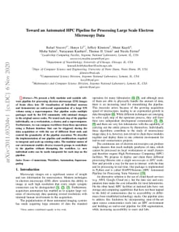 Toward an Automated HPC Pipeline for Processing Large Scale Electron
  Microscopy Data