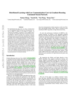 Distributed Learning with Low Communication Cost via Gradient Boosting
  Untrained Neural Network