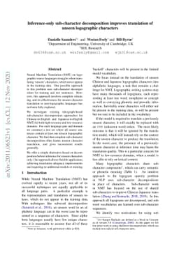Inference-only sub-character decomposition improves translation of
  unseen logographic characters