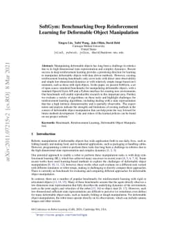 SoftGym: Benchmarking Deep Reinforcement Learning for Deformable Object
  Manipulation