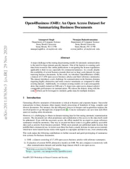 Open4Business(O4B): An Open Access Dataset for Summarizing Business
  Documents