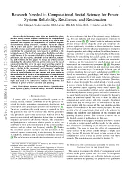 Research Needed in Computational Social Science for Power System
  Reliability, Resilience, and Restoration