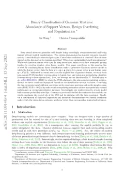 Binary Classification of Gaussian Mixtures: Abundance of Support
  Vectors, Benign Overfitting and Regularization