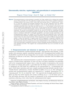 Dimensionality reduction, regularization, and generalization in
  overparameterized regressions