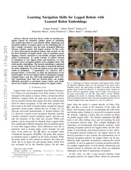 Learning Navigation Skills for Legged Robots with Learned Robot
  Embeddings