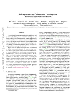 Privacy-preserving Collaborative Learning with Automatic Transformation
  Search