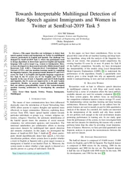 Towards Interpretable Multilingual Detection of Hate Speech against
  Immigrants and Women in Twitter at SemEval-2019 Task 5