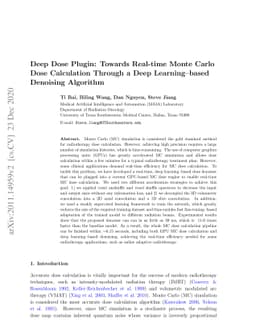Deep Dose Plugin Towards Real-time Monte Carlo Dose Calculation Through
  a Deep Learning based Denoising Algorithm