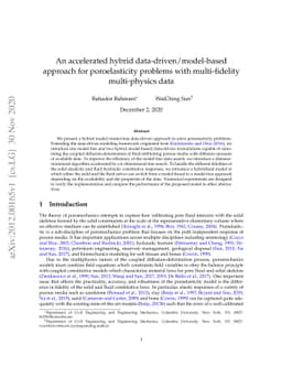 An accelerated hybrid data-driven/model-based approach for
  poroelasticity problems with multi-fidelity multi-physics data