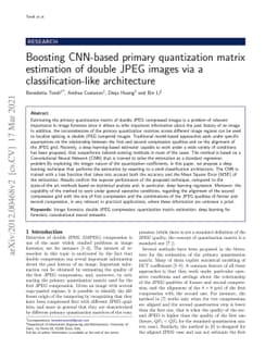 Boosting CNN-based primary quantization matrix estimation of double JPEG
  images via a classification-like architecture