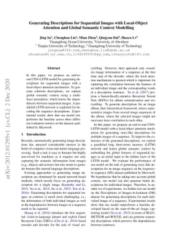 Generating Descriptions for Sequential Images with Local-Object
  Attention and Global Semantic Context Modelling