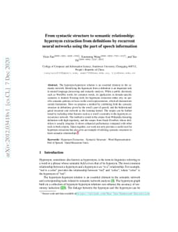 From syntactic structure to semantic relationship: hypernym extraction
  from definitions by recurrent neural networks using the part of speech
  information
