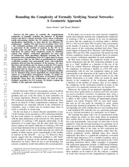 Bounding the Complexity of Formally Verifying Neural Networks: A
  Geometric Approach
