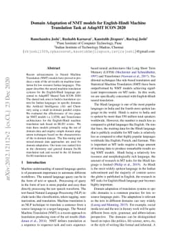 Domain Adaptation of NMT models for English-Hindi Machine Translation
  Task at AdapMT ICON 2020