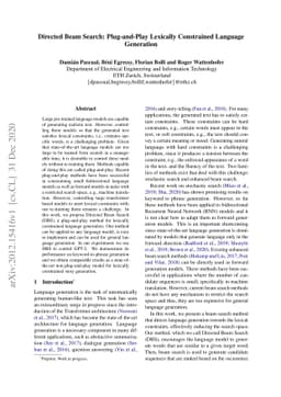 Directed Beam Search: Plug-and-Play Lexically Constrained Language
  Generation