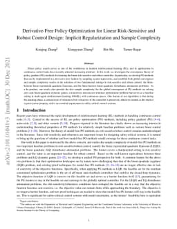Derivative-Free Policy Optimization for Linear Risk-Sensitive and Robust
  Control Design: Implicit Regularization and Sample Complexity