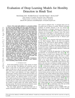 Evaluation of Deep Learning Models for Hostility Detection in Hindi Text