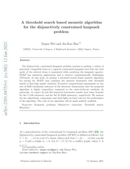 A threshold search based memetic algorithm for the disjunctively
  constrained knapsack problem