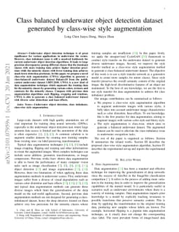 Class balanced underwater object detection dataset generated by
  class-wise style augmentation
