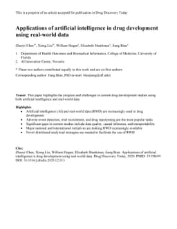 Applications of artificial intelligence in drug development using
  real-world data