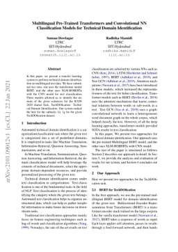 Multilingual Pre-Trained Transformers and Convolutional NN
  Classification Models for Technical Domain Identification