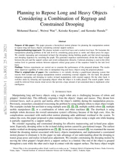 Planning to Repose Long and Heavy Objects Considering a Combination of
  Regrasp and Constrained Drooping