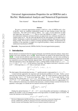 Universal Approximation Properties for an ODENet and a ResNet:
  Mathematical Analysis and Numerical Experiments