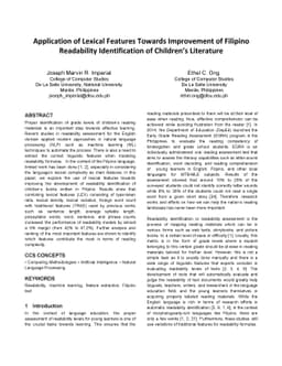 Application of Lexical Features Towards Improvement of Filipino
  Readability Identification of Children's Literature